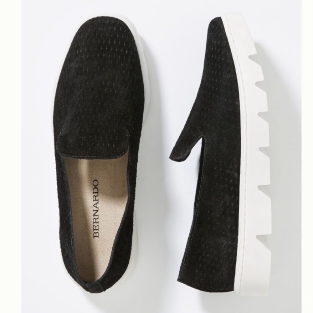 Bernardo Black Suede Slip-On Loafers with White Platform Sole
